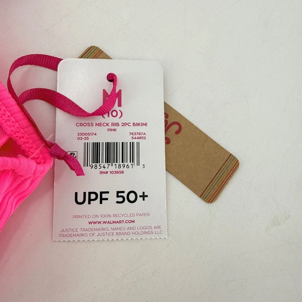 NWT Justice Pink Cross Neck Rib Bikini Top UPF 50+ Girls‎ Kids Size M 10 Flaw